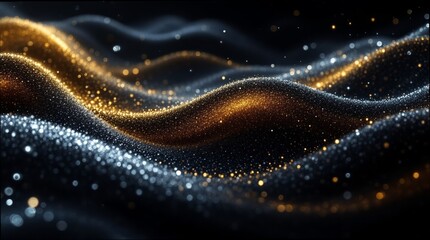 Dynamic abstract background of shimmering gold and silver particles flowing in elegant waves for digital luxury concept and modern technology design