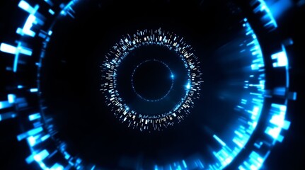 Abstract blue glowing digital data elements pulsating in concentric circles on dark background for high-tech network security concept and futuristic innovation