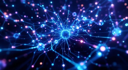 Glowing abstract neural network with interconnected data points and digital pathways on a dark background for artificial intelligence concept and technology innovation