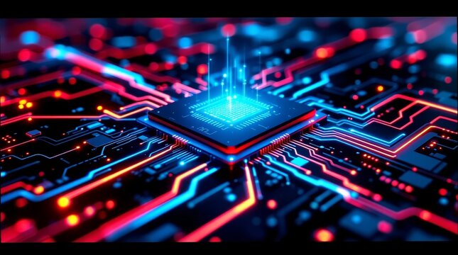 Glowing microprocessor on a digital circuit board with neon blue and red lights for artificial intelligence concept and high-tech computing network - Powered by Adobe