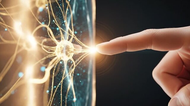 Conceptual representation of neuron firing with finger interacting with cell stimulation and neurological network Connection between brain cells and fingertip touching a nerve cell to trigger synapses