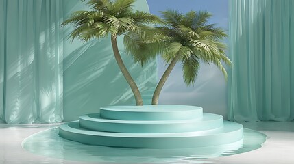 Mint pastel minimalist studio, three-step round platform, tropical palm accent, soft reflections