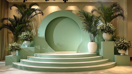 Pastel jade elegant setup, layered circular stage, potted palm leaves, clean bright tone
