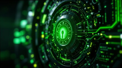 Close up of a glowing green keyhole on a digital circuit board representing advanced cybersecurity concept and secure data protection