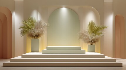 Minimalist sage pastel tone, three-level podium, palm decor, smooth warm lighting