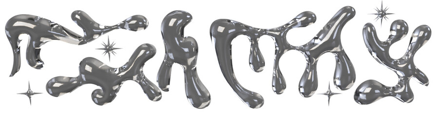 3D Glass liquid typography with transparent glossy shapes, melted fluid letters, reflective glass-chrome style abstract drip design for modern decorative artwork