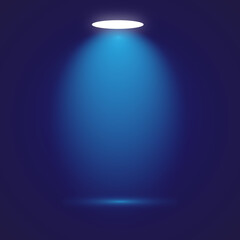 Bright white circular spotlight illuminating a vibrant blue cone of light on a deep dark blue minimalist background, creating a dramatic and empty stage vector illustration