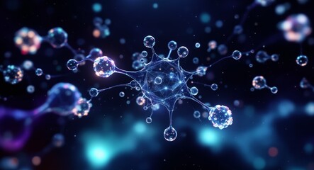 Abstract glowing neuron-like cell structure connecting in a dark blue futuristic background for scientific research concept and digital healthcare innovation