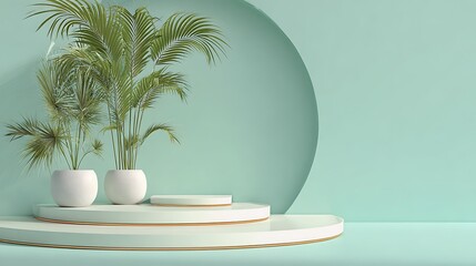 Minimal pastel mint background, triple circular stage, potted palm decor, soft elegant glow
