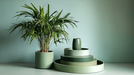Calm sage green display, round layered platform, palm in pot, tranquil bright mood