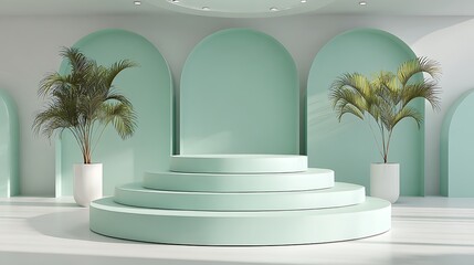 Mint pastel minimalist setup, three-level podium, palm decor on side, smooth lighting