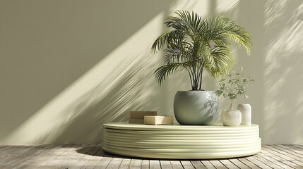 Calm sage green display, round layered platform, palm in pot, tranquil bright mood