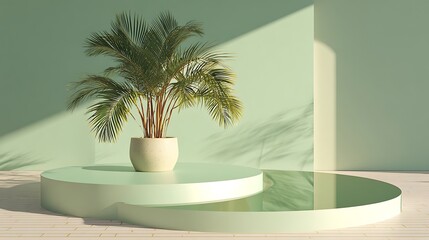 Pastel green modern minimal scene, circular platform, potted palm, soft ambient reflection