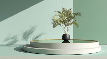 Pastel green modern minimal scene, circular platform, potted palm, soft ambient reflection