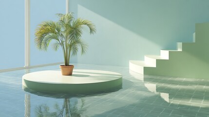 Pastel green modern minimal scene, circular platform, potted palm, soft ambient reflection