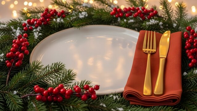 Festive Christmas table setting with pine branches, red berries, and elegant matte gold flatware on a rust napkin and off-white plate. Holiday dining inspiration - Powered by Adobe