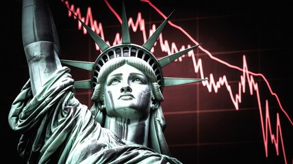 Obraz premium Statue of Liberty with a stock market graph, symbolizing economic downturn