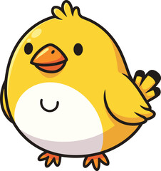 Cartoon yellow bird with white belly, orange beak and cheerful smile, cute animal character pose, flat vector illustration