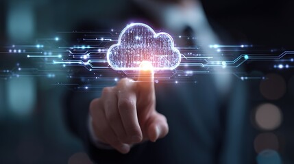 Cloud of Tomorrow: A visionary figure, fingers extended, interacts with a glowing digital cloud, representing innovation, connection, and data security.