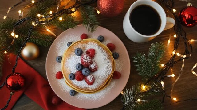 Draufsicht auf einen festlich gedeckten Fr&uuml;hst&uuml;ckstisch, auf dem Pfannkuchen mit frischen Beeren und Puderzucker angerichtet sind