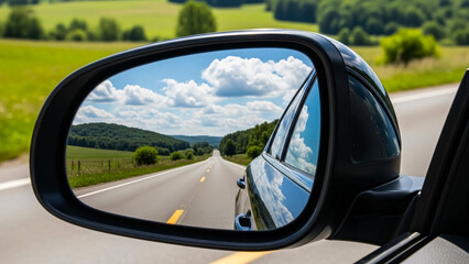 Obraz premium Car side mirror view of highway road trip travel destination landscape view