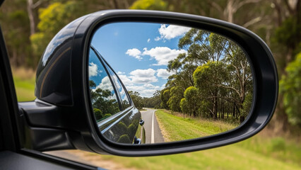 Car side mirror view of road trip travel destination and scenic landscape