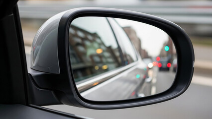 Car side mirror view traffic city street driving safety automotive reflection