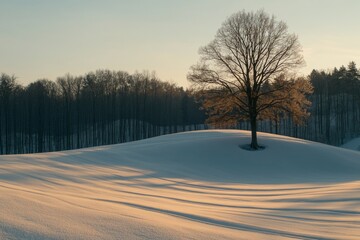 Obraz premium Serene Winter Landscape Featuring Bare Tree at Sunset Over Snowy Field with Gentle Light Stripes