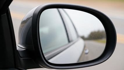 Car side mirror view while driving on the road for safety and navigation