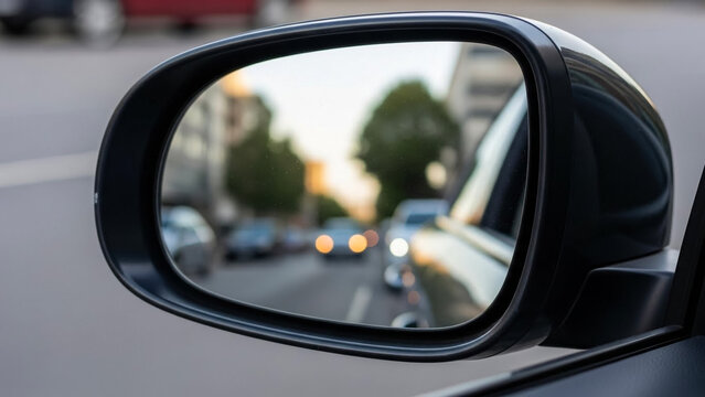 Car side mirror view of city street traffic transportation safety driving