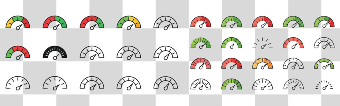 Collection of gauge icons showing performance levels from low to high with various color indicators