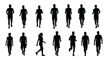 Running and walking people silhouettes isolated on white background, Vector