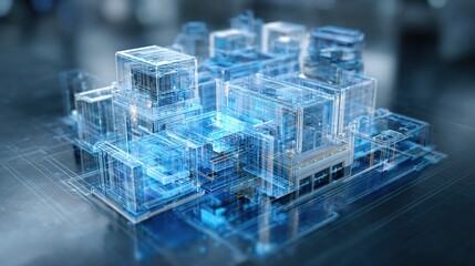Architectural Blueprint Visualization: An intricate architectural blueprint model shines with a futuristic and detailed visualization of urban architecture. A representation of innovation and design.