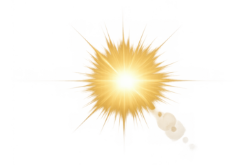 Golden sunburst effect with radiating light rays and subtle lens flare on transparent background