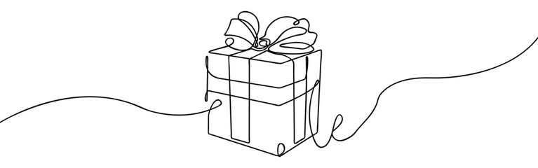 Gift Box One Line Drawing Vector Art on White Background. Illustration for Holidays like Birthday, Christmas, New Year. Book Cover Design, Card, Banner, Background.