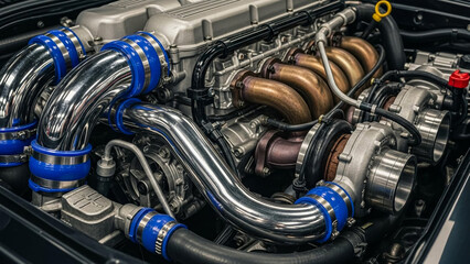 Fototapeta premium Engine bay view of a powerful twin turbo engine with chrome pipes and blue hoses