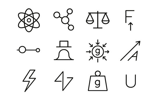 Physics Icons Collection. Physics of mass. Line icon set of physics of mass: atom, molecule, scale, force arrow, Newton?s law, inertia icon, gravity field,