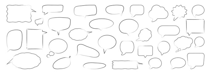 Hand-drawn Speech bubble set with diverse dialogue balloons, chat frames, callouts, doodle outlines and blank text shapes for communication design, messaging layouts, comics and creative graphic
