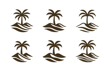 Obraz premium Shifting Sands Logos. Shifting Sands. Icon set. Set Logo of Shifting Sands: oasis palm cluster emerging from dunes. harmonious logo variations of the same