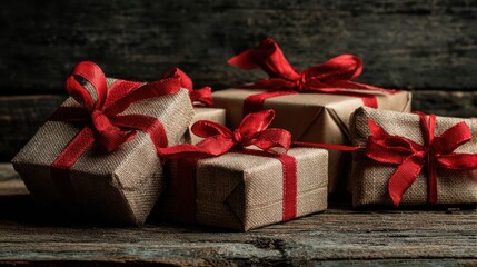 Festively wrapped Christmas presents with red bows on a rustic dark wooden background, perfect for holiday decoration visuals