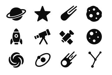 Fototapeta premium Space Icons Collection. Galaxy. Solid icon set of planet, star, comet, asteroid, rocket, telescope, satellite, moon, black hole, orbit, meteor, constellation.