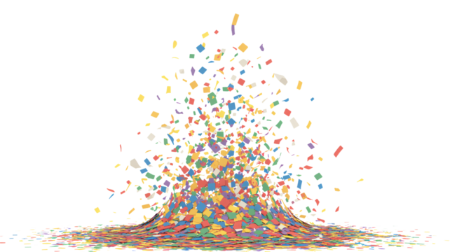 Vibrant confetti explosion bursts upward against a dramatic dark background