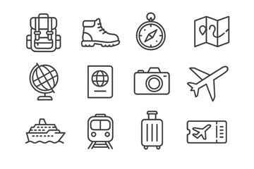 Adventure Icon Set. Adventure Seekers. Line icon set of Adventure Seekers: backpack, hiking boots, compass, map, globe, passport, camera, airplane, cruise