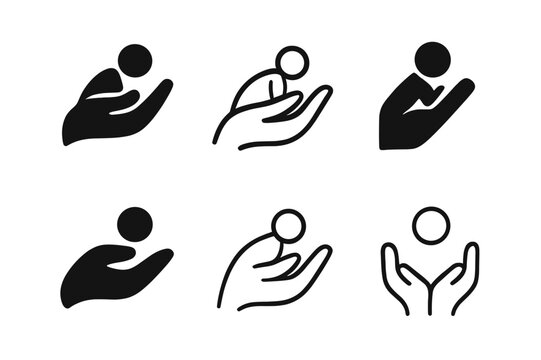 Childcare Logo Variations. Childcare and parenting solutions. Icon set. Set Logo of childcare and parenting solutions: Hand protecting baby. harmonious logo