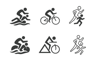 Naklejka premium Triathlon Logo Variations. Triathlon. Icon set. Set Logo of triathlon: swimmer, cyclist, and runner silhouettes. harmonious logo variations of the same