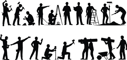 Obraz premium Construction worker silhouette set featuring diverse tasks, tools, and teamwork for labor, industry, and educational design themes.