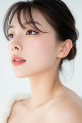 Fototapeta premium Female Asian Model with Short Hair - Young Beautiful Woman with Hair Bun - Studio Portrait of Asian Beauty for Fashion, Cosmetic, Skincare - Posing on White Background - Smooth Tied Hair