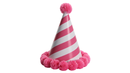 Vibrant pink striped party hat with fluffy pom poms ready for celebration
