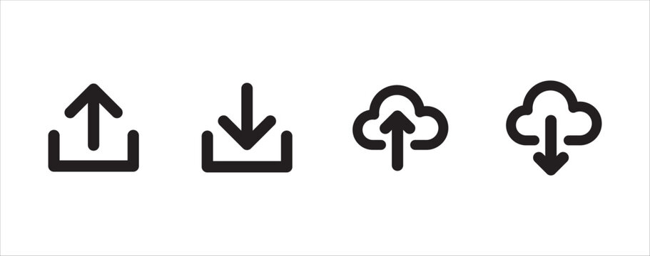 Download and upload icon button set. Icon symbol for download, upload, send file, document, receive, cloud upload, cloud download, cloud storage. Vector icon illustration.