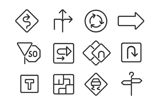 Confusing Road Signs. Confusing Road Signs. Line icon set of Confusing Road Signs: twisted arrow sign, multiple direction arrows, roundabout sign, detour sign,